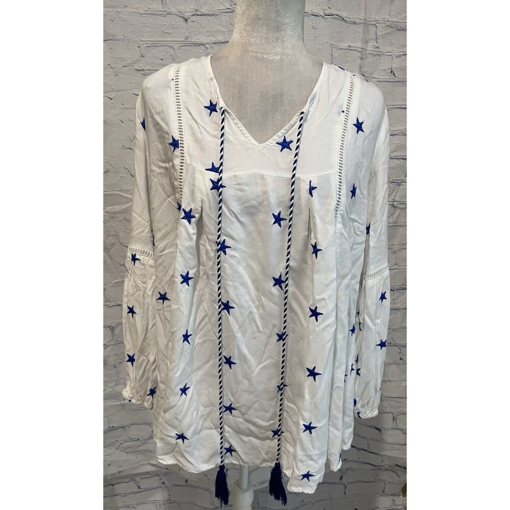 Kaktus Nautical Embroidered Stars Peasant Top Size M Tassels White Blue Festive